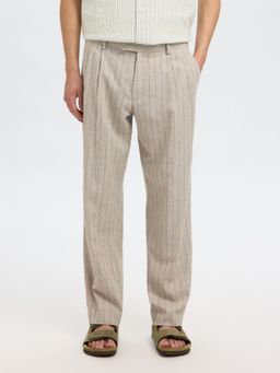 Selected - Men Beige Striped Tailored Formal Trousers