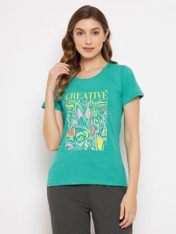 Clovia - Text & Graphic Print Top Green Pure Cotton