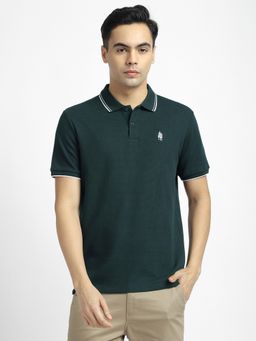 R&B - Cotton Blend Regular Fit Collar Neck Textured Men Green Polo T-Shirt