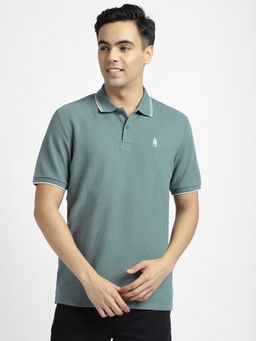 R&B - Cotton Blend Regular Fit Collar Neck Textured Men Green Polo T-Shirt