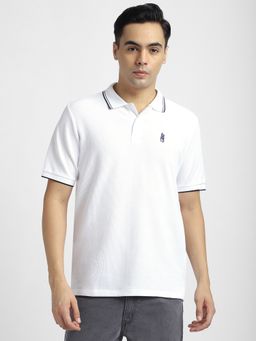 R&B - Cotton Blend Regular Fit Collar Neck Textured Men White Polo T-Shirt