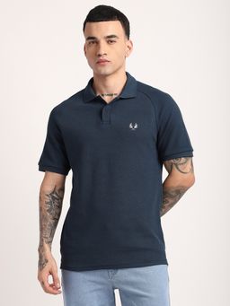 R&B - Cotton Slim Fit Collar Neck Textured Men Teal Polo T-Shirt