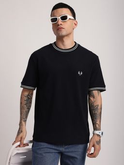 R&B - Cotton Relaxed Fit Crew Neck Textured Men Navy Blue T-Shirt