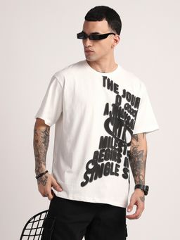 R&B - Cotton Relaxed Fit Crew Neck Typographic Print Men White T-Shirt
