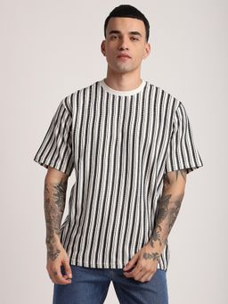 R&B - Cotton Regular Fit Crew Neck Striped Men Ivory T-Shirt
