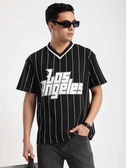 R&B - Cotton Regular Fit V-Neck Graphic Print Men Black T-Shirt