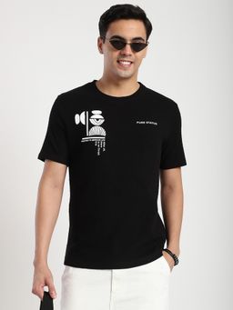 R&B - Cotton Blend Regular Fit Crew Neck Graphic Print Men Black T-Shirt