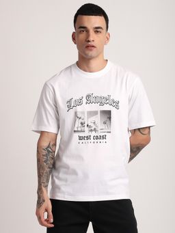R&B - Cotton Relaxed Fit Crew Neck Graphic Print Men White T-Shirt