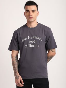 R&B - Cotton Relaxed Fit Crew Neck Typographic Print Men Charcoal T-Shirt
