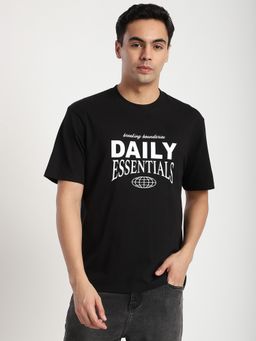 R&B - Cotton Relaxed Fit Crew Neck Graphic Print Men Black T-Shirt