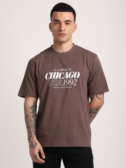 R&B - Cotton Relaxed Fit Crew Neck Graphic Print Men Brown T-Shirt