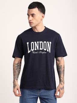 R&B - Cotton Relaxed Fit Crew Neck Typographic Print Men Navy Blue T-Shirt