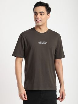 R&B - Cotton Relaxed Fit Crew Neck Typographic Print Men Brown T-Shirt