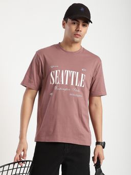 R&B - Cotton Relaxed Fit Crew Neck Typographic Print Men Mauve T-Shirt