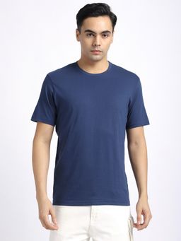 R&B - Cotton Regular Fit Crew Neck Solid Men Navy Blue T-Shirt