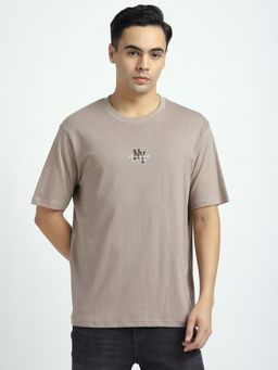 R&B - Cotton Relaxed Fit Crew Neck Graphic Print Men Beige T-Shirt