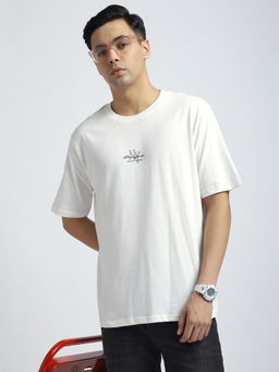 R&B - Cotton Relaxed Fit Crew Neck Graphic Print Men Ivory T-Shirt