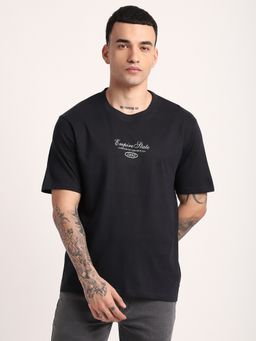 R&B - Cotton Relaxed Fit Crew Neck Graphic Print Men Black T-Shirt