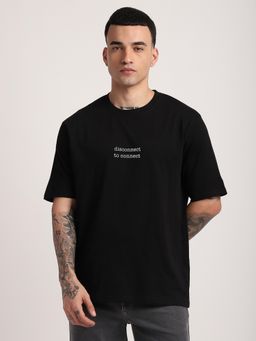 R&B - Cotton Relaxed Fit Crew Neck Typographic Print Men Black T-Shirt