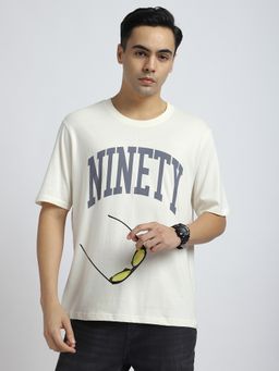 R&B - Cotton Relaxed Fit Crew Neck Typographic Print Men Cream T-Shirt