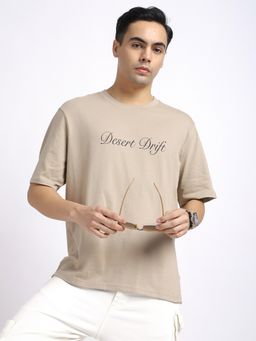 R&B - Cotton Relaxed Fit Crew Neck Typographic Print Men Beige T-Shirt