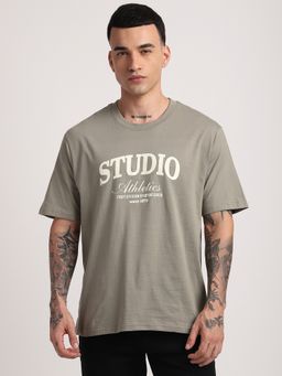 R&B - Cotton Relaxed Fit Crew Neck Typographic Print Men Green T-Shirt