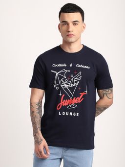 R&B - Cotton Regular Fit Crew Neck Graphic Print Men Navy Blue T-Shirt