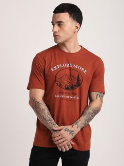 R&B - Cotton Regular Fit Crew Neck Graphic Print Men Tan T-Shirt