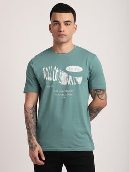 R&B - Cotton Regular Fit Crew Neck Graphic Print Men Green T-Shirt