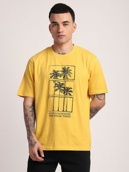 R&B - Cotton Relaxed Fit Crew Neck Graphic Print Men Mustard T-Shirt
