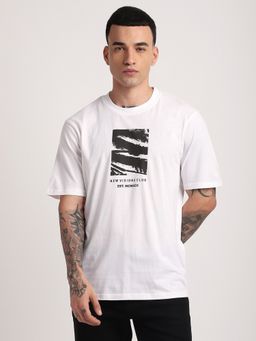 R&B - Cotton Regular Fit Crew Neck Graphic Print Men White T-Shirt