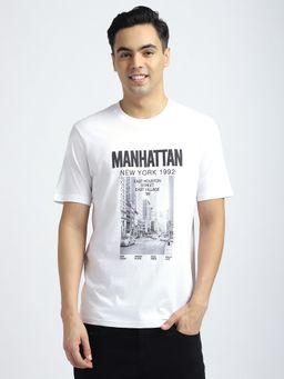 R&B - Cotton Regular Fit Crew Neck Graphic Print Men White T-Shirt