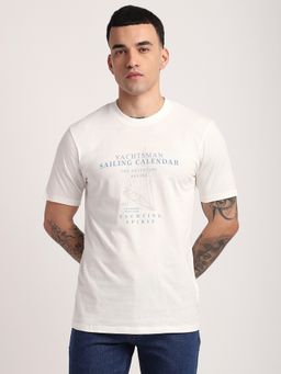 R&B - Cotton Regular Fit Crew Neck Graphic Print Men White T-Shirt