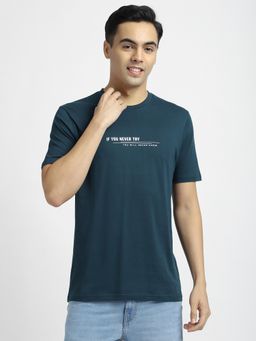 R&B - Cotton Regular Fit Crew Neck Typographic Print Men Indigo T-Shirt