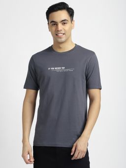 R&B - Cotton Regular Fit Crew Neck Typographic Print Men Grey T-Shirt