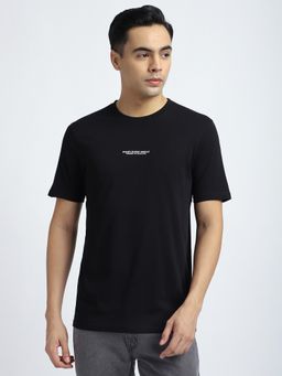 R&B - Cotton Regular Fit Crew Neck Typographic Print Men Black T-Shirt