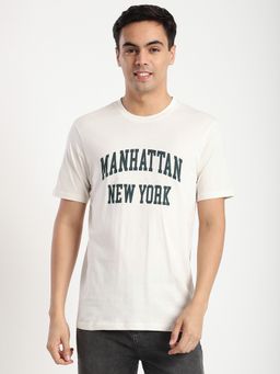 R&B - Cotton Regular Fit Crew Neck Typographic Print Men Cream T-Shirt