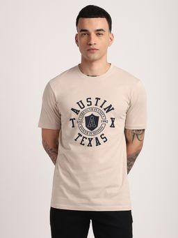 R&B - Cotton Regular Fit Crew Neck Graphic Print Men Beige T-Shirt