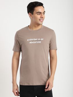 R&B - Cotton Regular Fit Crew Neck Typographic Print Men Beige T-Shirt