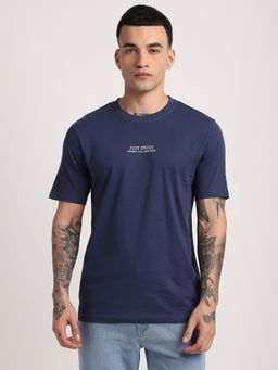 R&B - Cotton Regular Fit Crew Neck Typographic Print Men Navy Blue T-Shirt