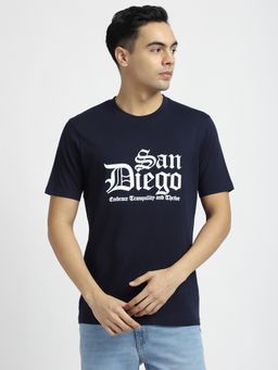 R&B - Cotton Regular Fit Crew Neck Graphic Print Men Navy Blue T-Shirt