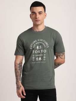 R&B - Cotton Regular Fit Crew Neck Graphic Print Men Green T-Shirt
