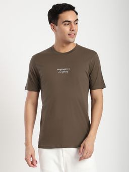R&B - Cotton Regular Fit Crew Neck Typographic Print Men Olive T-Shirt