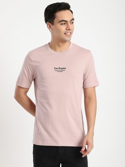 R&B - Cotton Regular Fit Crew Neck Typographic Print Men Pink T-Shirt