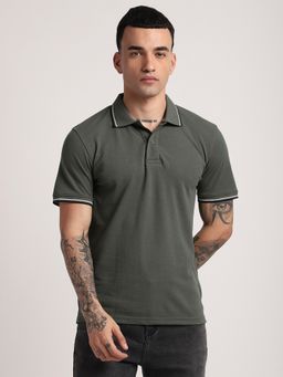 R&B - Cotton Blend Regular Fit Collar Neck Solid Men Green Polo T-Shirt