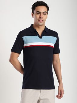 R&B - Cotton Blend Slim Fit Collar Neck Striped Men Navy Blue Polo T-Shirt