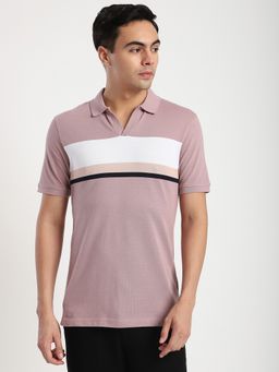 R&B - Cotton Blend Slim Fit Collar Neck Striped Men Mauve Polo T-Shirt