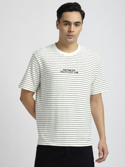 R&B - Cotton Regular Fit Crew Neck Striped Typography Men White T-Shirt