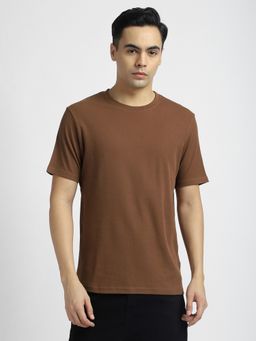 R&B - Cotton Regular Fit Crew Neck Textured Men Brown T-Shirt