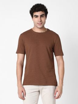 R&B - Cotton Regular Fit Crew Neck Textured Men Brown T-Shirt